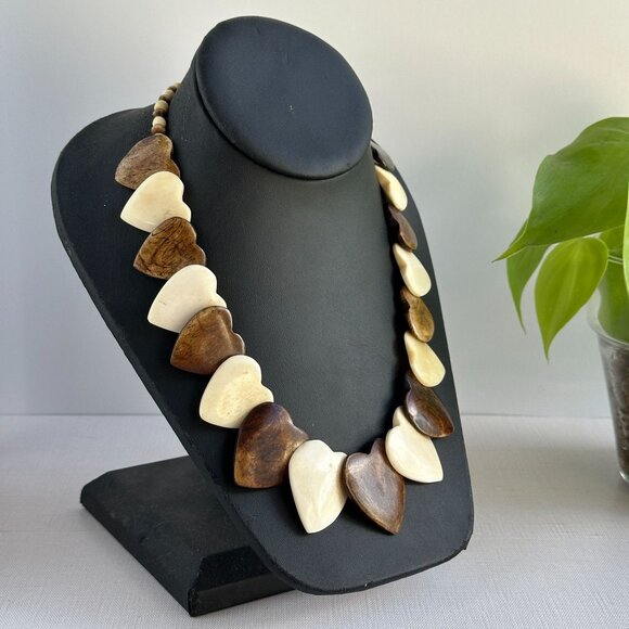 Vintage Horn Statement Necklace, Graduated Brown & Cream Panels, African Tribal - Picture 3 of 9